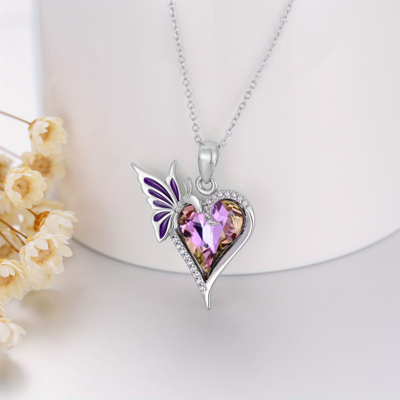 925 Silver Heart Butterfly Pendant Necklace for Women